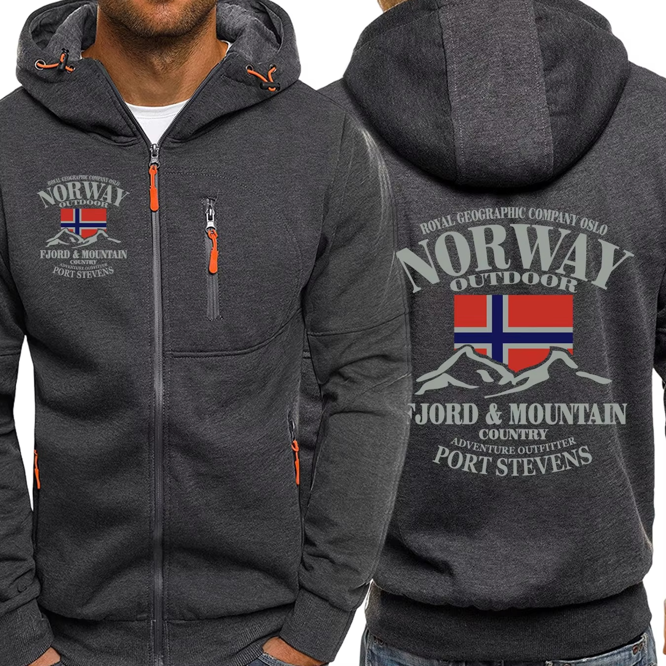 Vintage Zip Hoodie - Norway Fjords And Mountains Print Male